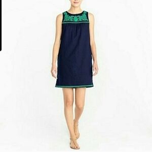J.CREW Linen Embroidered Tank Dress Sz XS Navy Blue Green Linen Cotton